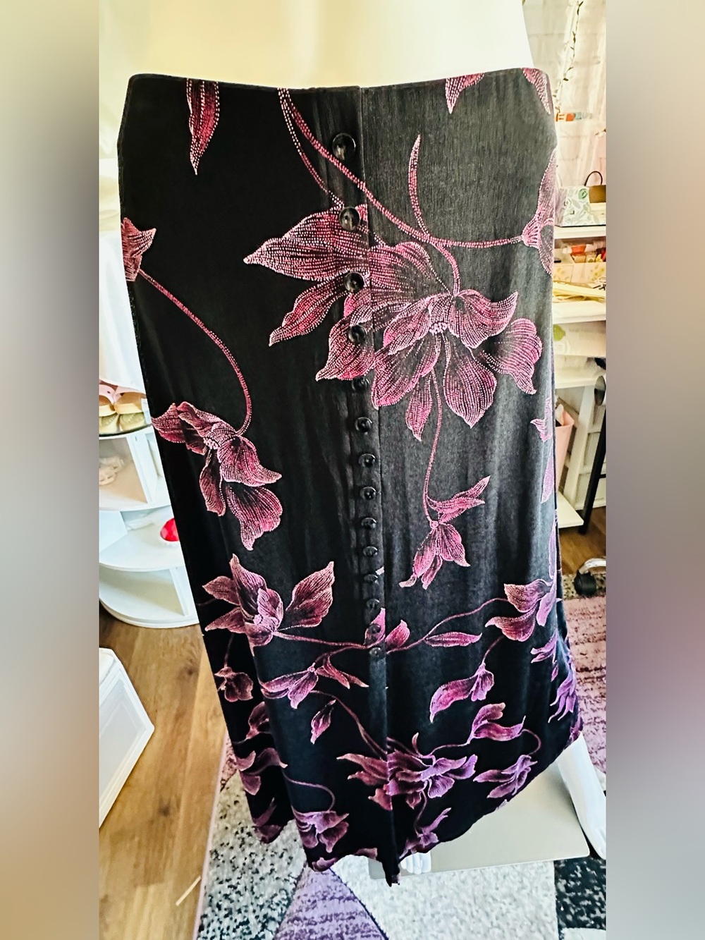 Briggs New York Black Pink Floral Button Front Maxi Skirt